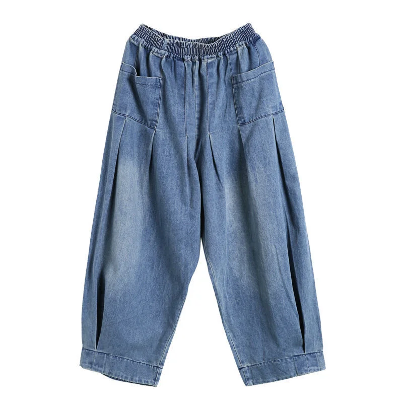 Women Casual Loose Long Pants Denim Bloomers Elastic Waist With Pockets Streetwear Vintage Baggy Jeans Harem Pants M-3XL C289