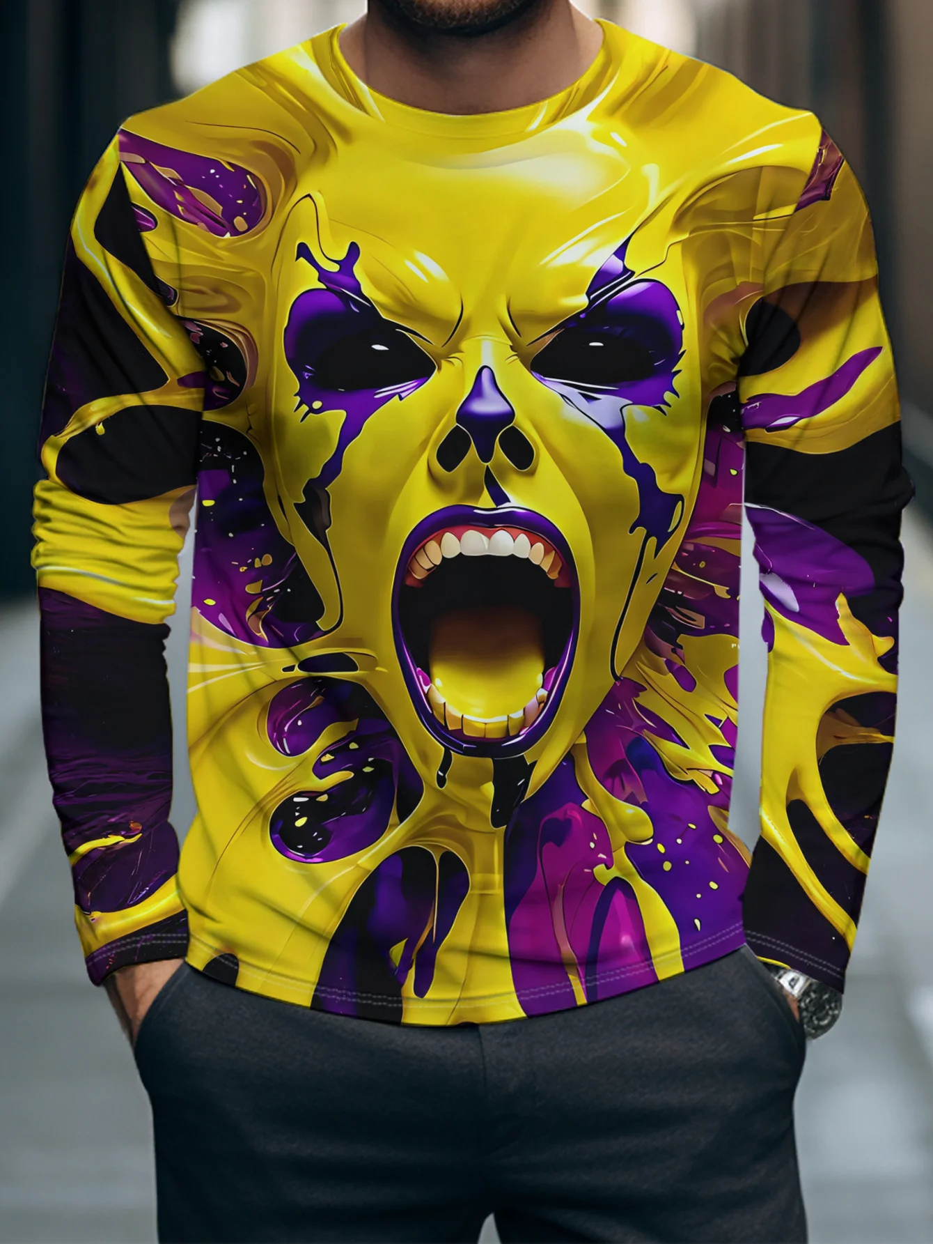Men Long Sleeve T‑Shirt Screaming Horror Face Drip Paint Print Crew Neck Psychedelic Street Casual Tops