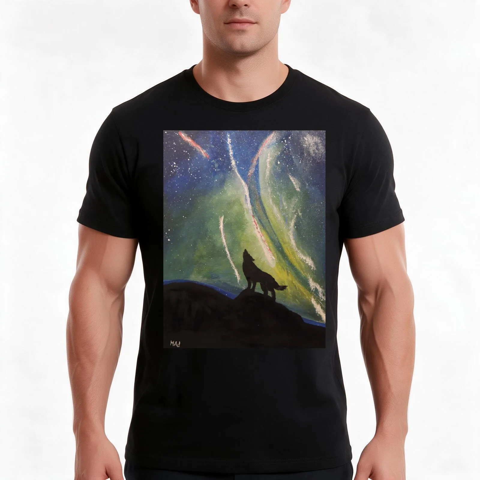 Wolf in the Aurora T-Shirt, Summer Casual Cotton Tee, Oversized Streetwear Tops, Vintage Graphic Print, Loose Fit Short Sleeve