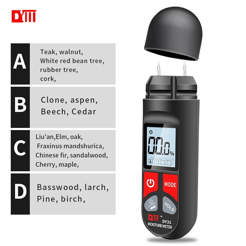 Medidor Digital de humedad de madera DY31, probador de humedad de madera, higrómetro de contenido de agua, Detector de humedad húmeda de madera,