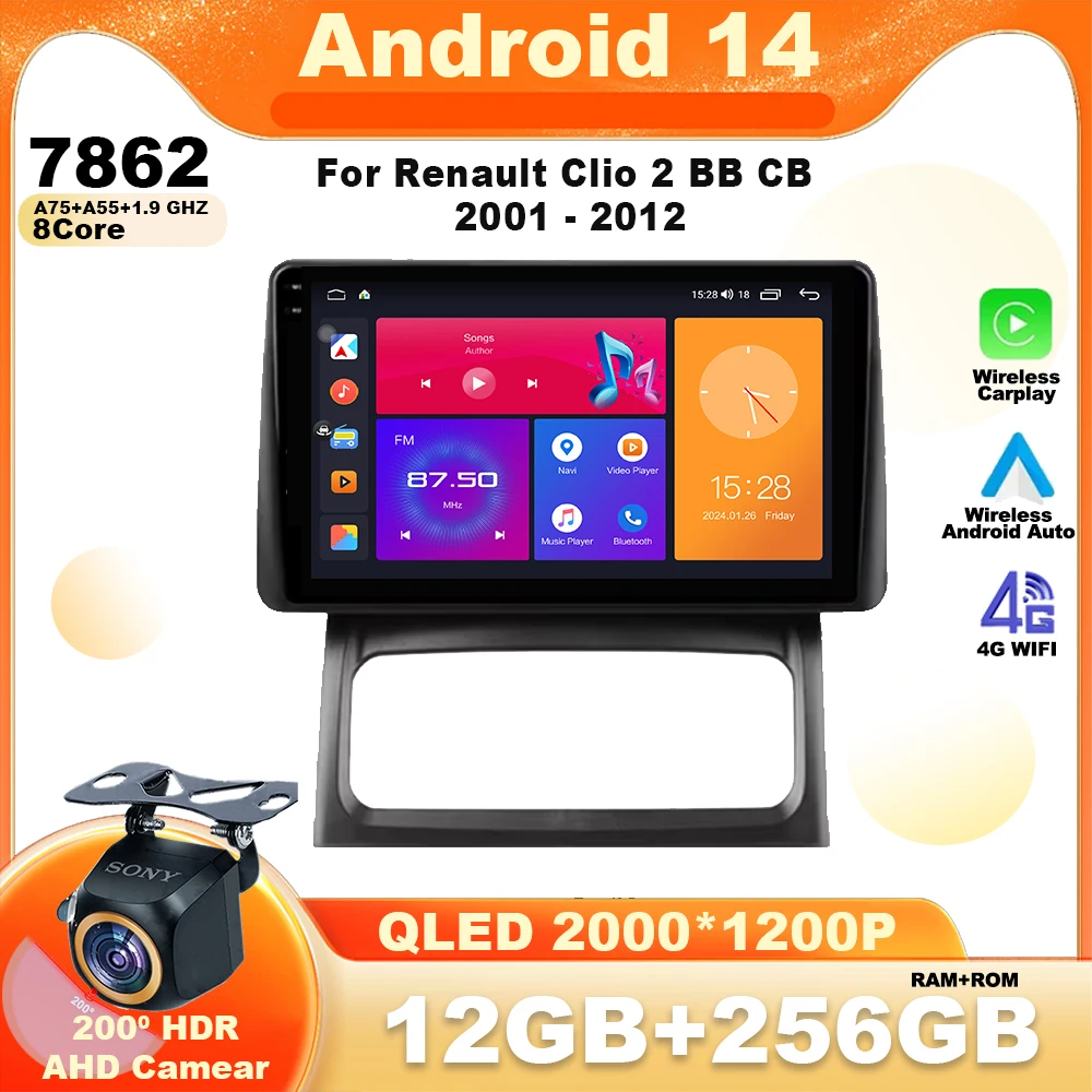 

Android 14 For Renault Clio 2 BB CB 2001 - 2012 Car Radio Multimedia Video Player Navigation GPS 4G Stereo Wireless Carplay WIFI