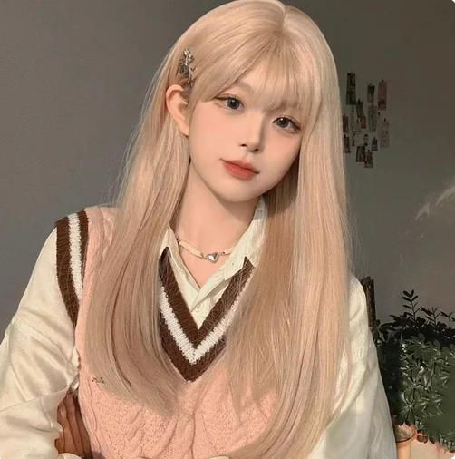 Beige Wig Female Long Straight Hair Bangs Chemical Fiber Synthetic Wig Daily Fluffy Natural Temperament Age Reduction Head Set