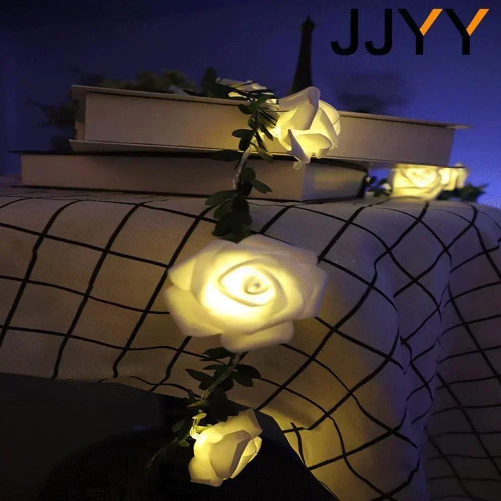 Linterna navideña con rosas, luces LED de 1,5 M, 3M, 6M, iluminación de cuento de hadas de vid de hoja verde para decoración de fiesta familiar