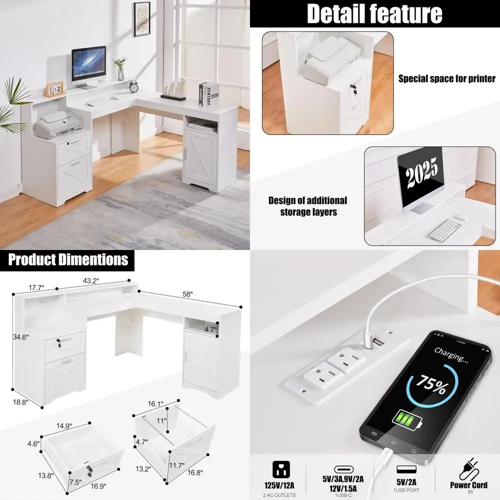 

L-образный 60-дюймовый исполнительный стол с зонами принтера, угловым компьютерным столом с розетками, запираемыми ящиками и регулируемым оборудованием.