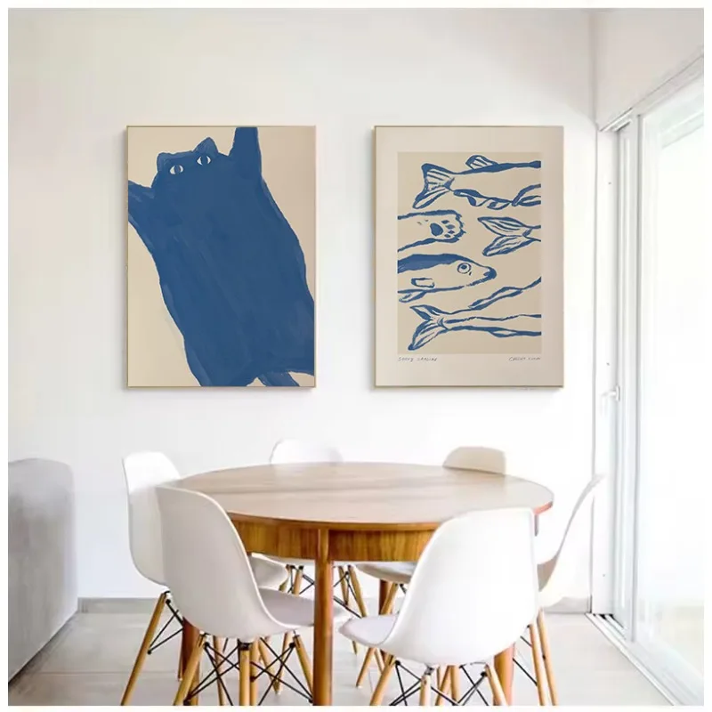Kitchen Coffee Funny Animal Pets and Breakfast Sketch Abstract Illustration Poster Canvas Painting Wall Art Picture Home Decor