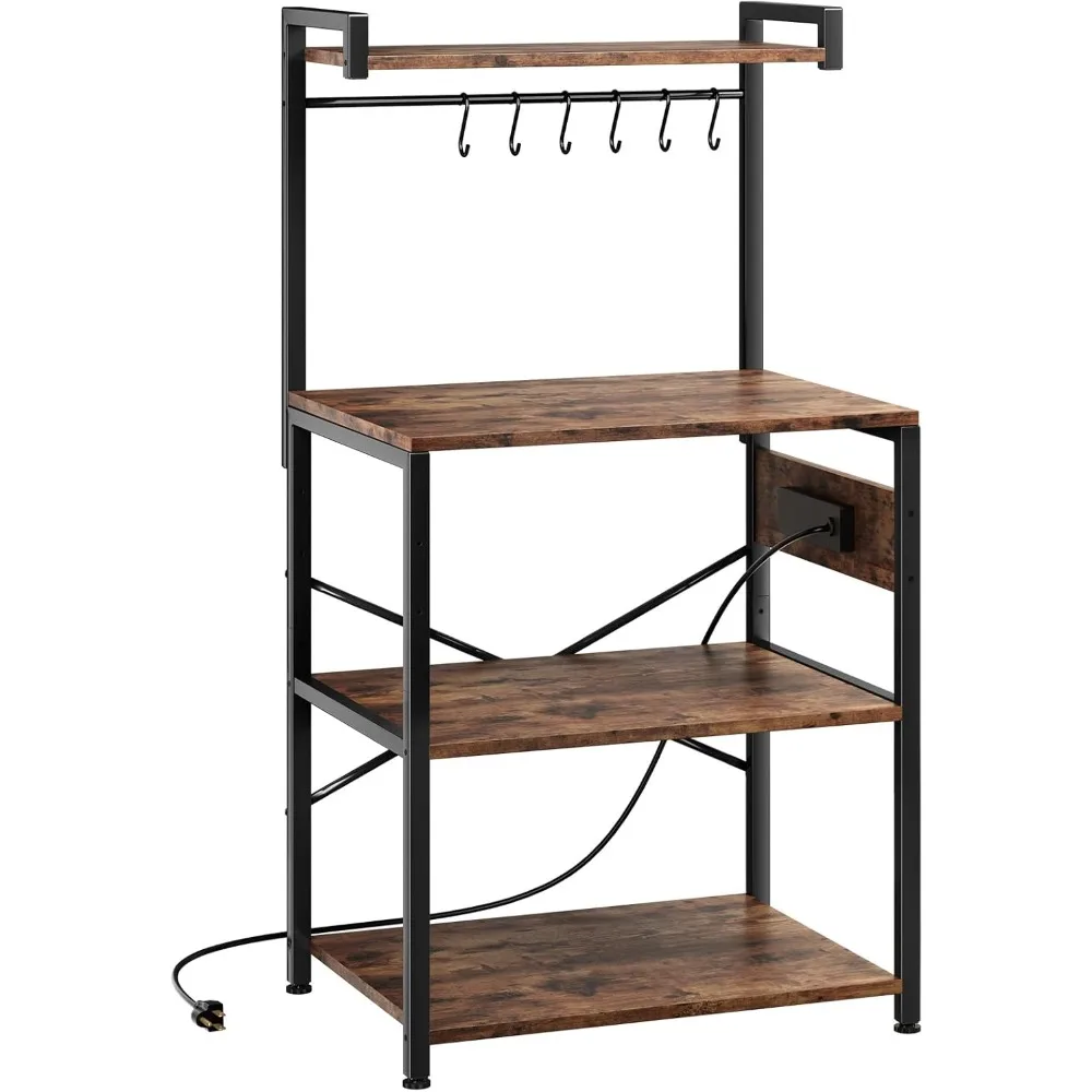 

Standing Baker's Rack Coffee Bar Table - 4 Tiers Kitchen Microwave Stand with 6 Hooks, Kitchen Storage Shelves Rack，Rustic Brown