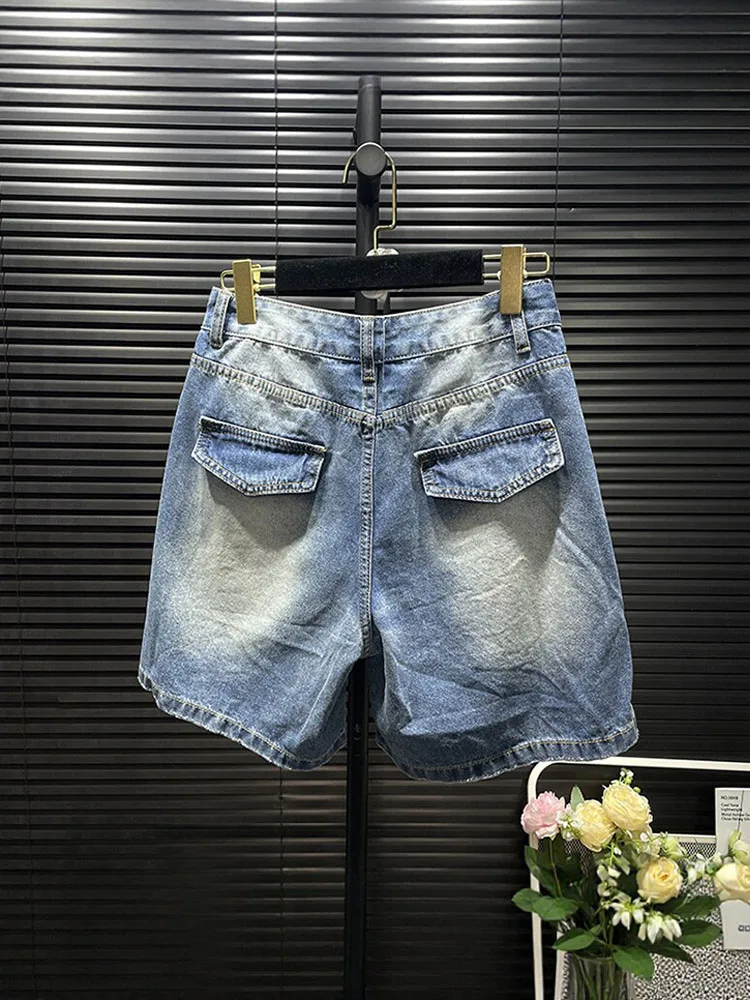 American Style Streetwear Distressed Denim Shorts 2026 Women's Summer New Loose High Waist Ripped Hole Shorts Versatile Shorts