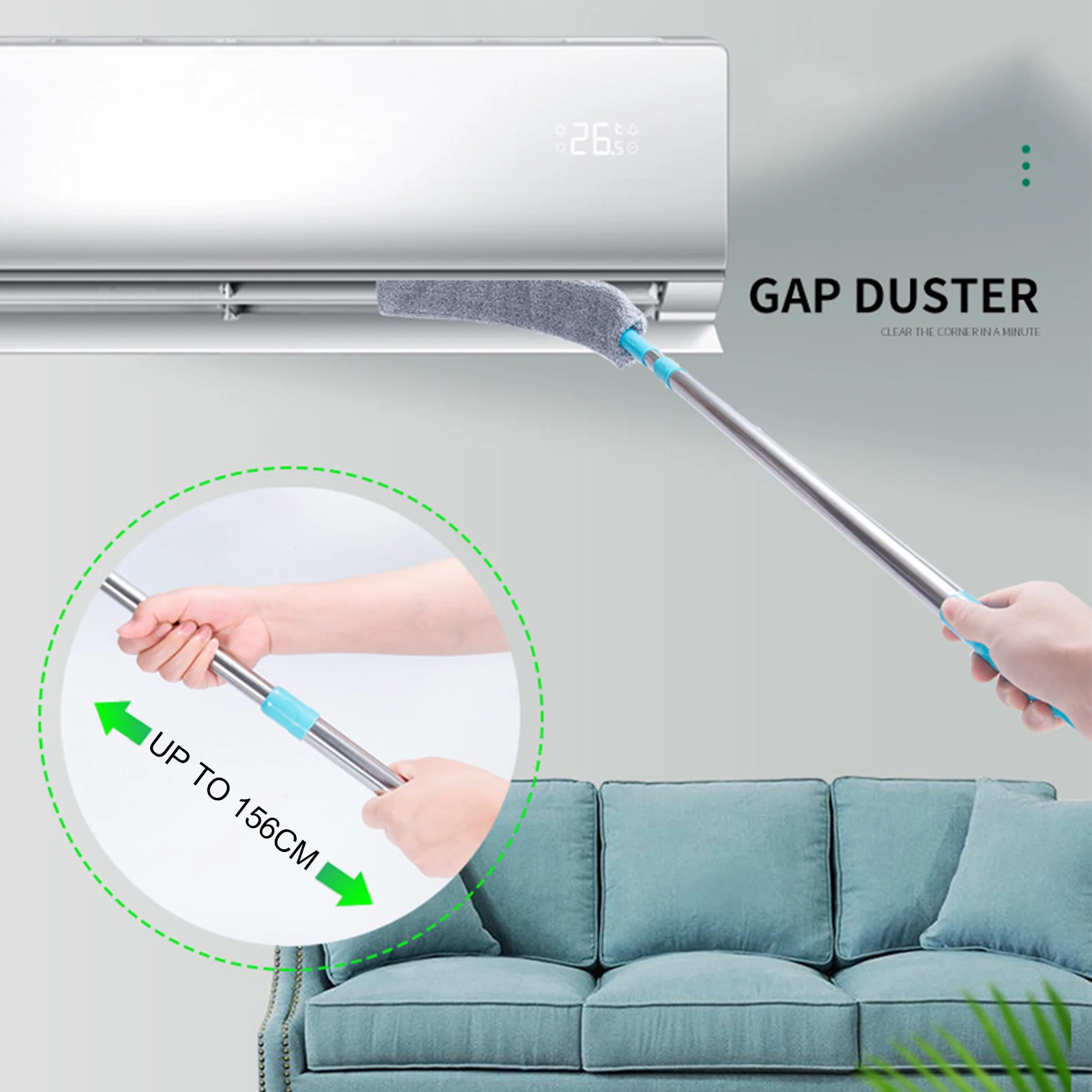 Gaps Dust Mop Microfiber Under Furniture & Appliance Mop with Extendable Stainless Steel Rod Wet and Dry Cleaning Tools