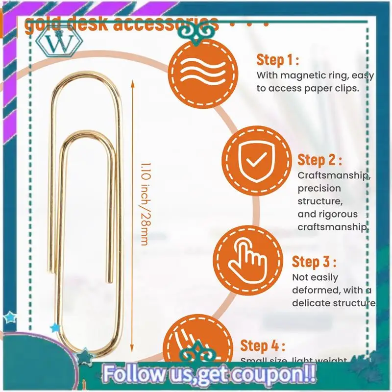 Upgraded Gold Paper Clips In Elegant Magnetic Marble White Clip Holder, 28Mm, 100 Clips Per Box