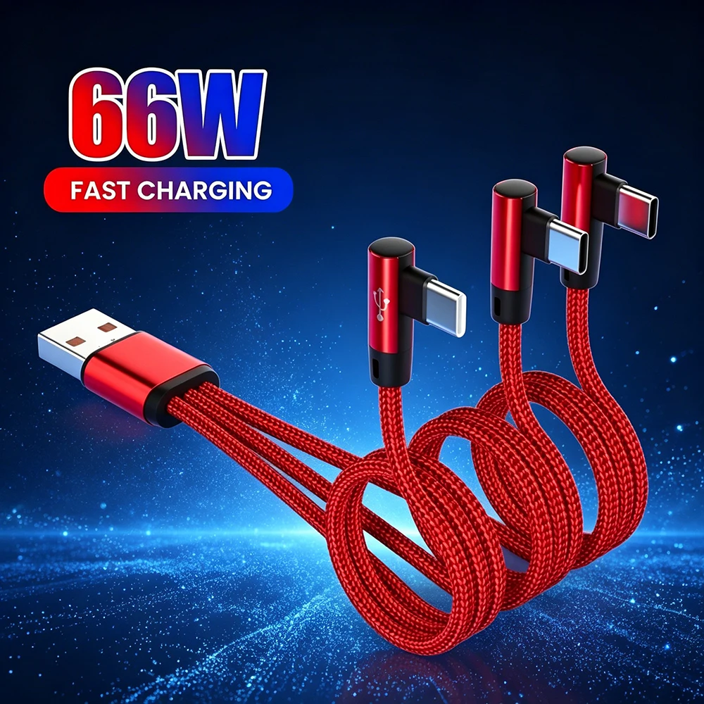 Cable tipo C 3 en 1 de 66W, cargador de teléfono de carga rápida, cable de datos para iPhone, Samsung, Xiaomi, Huawei, cable de carga rápida con codo de 90 grados