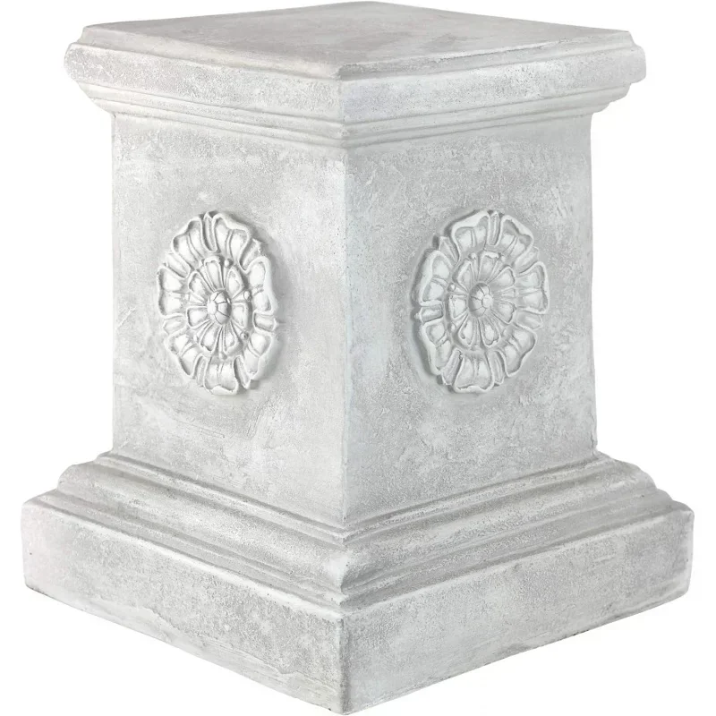 English Rosette Indoor/Sculptural Garden Plinth Base Statue Riser, 11 Inches Square, 13 Inches Tall, Handcast Polyresin