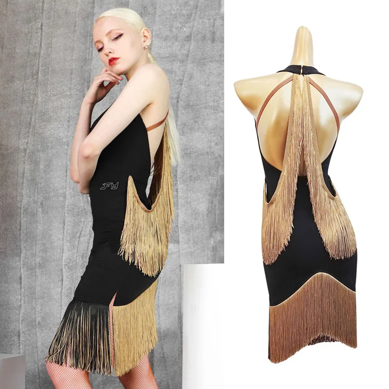 

Сексуальное платье для латинских танцев для взрослых и женщин, черные платья с бахромой, летняя тренировочная одежда для выступлений, сценический наряд для ча-ча-румбы, самбы 4141