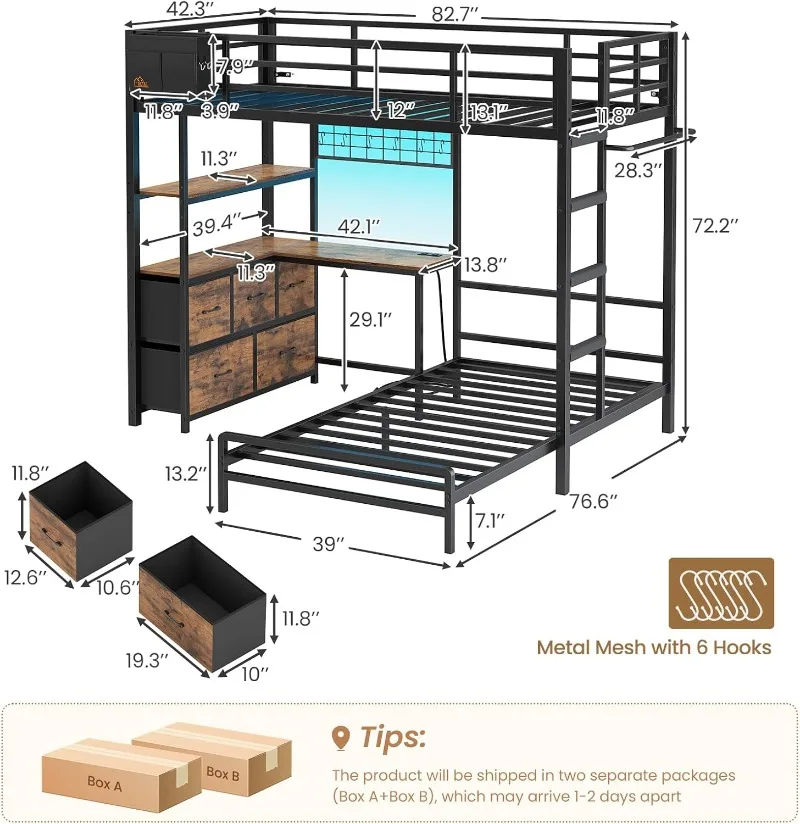 DICTAC Bunk Bed with Shaped Desk Metal Bunk Bed with LED Lights and Charging Station bunk Beds with Safety Guardrail & Ladder