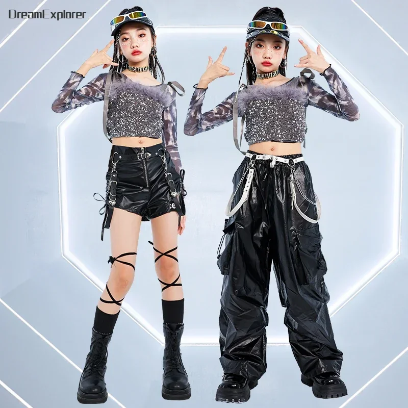 Hip Hop Girls K-pop Sequin Crop Top Street Dance Pu Leather Pants Kids Streetwear Shiny Shorts Child Jazz Costumes Clothes Sets