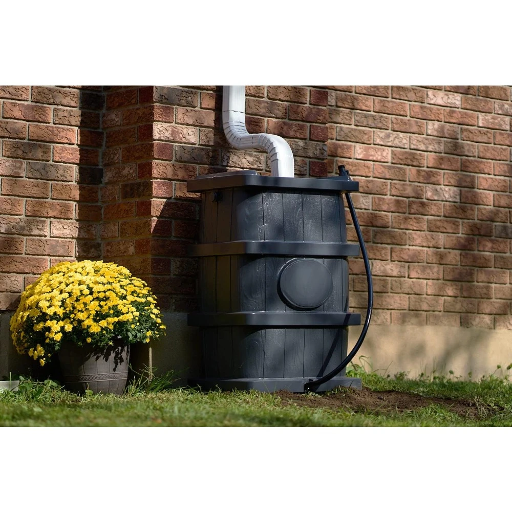 Outdoor Slim Line 45-Gallon Wood Grain Rain Barrel – Outdoor Home Rain Water Catcher Barrel with Flat Back, Grey