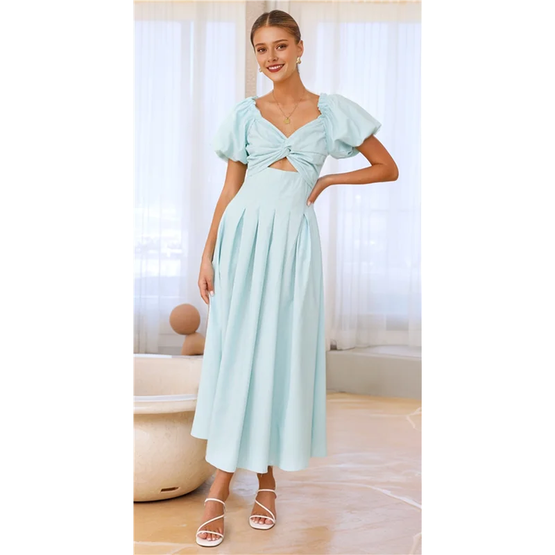 【Party-Decoration】Women's Summer Boho Maxi Dress V-Neck Cute Bubble Short Sleeve A-Line Long Dress With Pocket