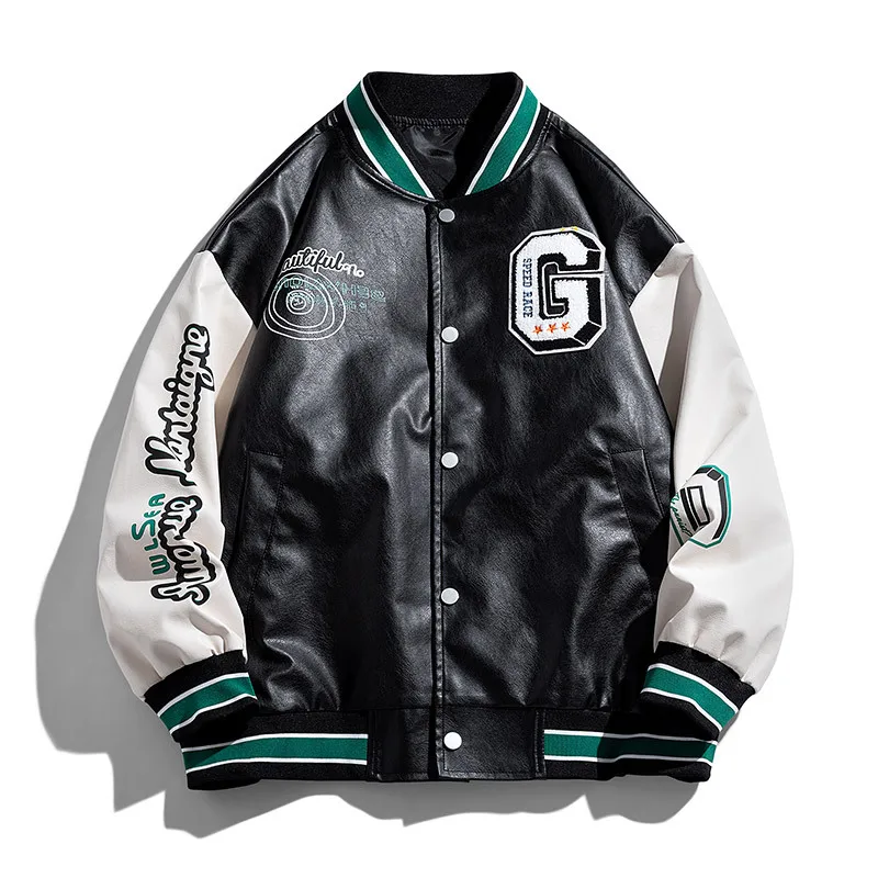 Pu Leather Jacket Men Letter Varsity Jacket Women Streetwear Vintage Leather Motorcycle Jacket Korean Fashion Couple Clothing