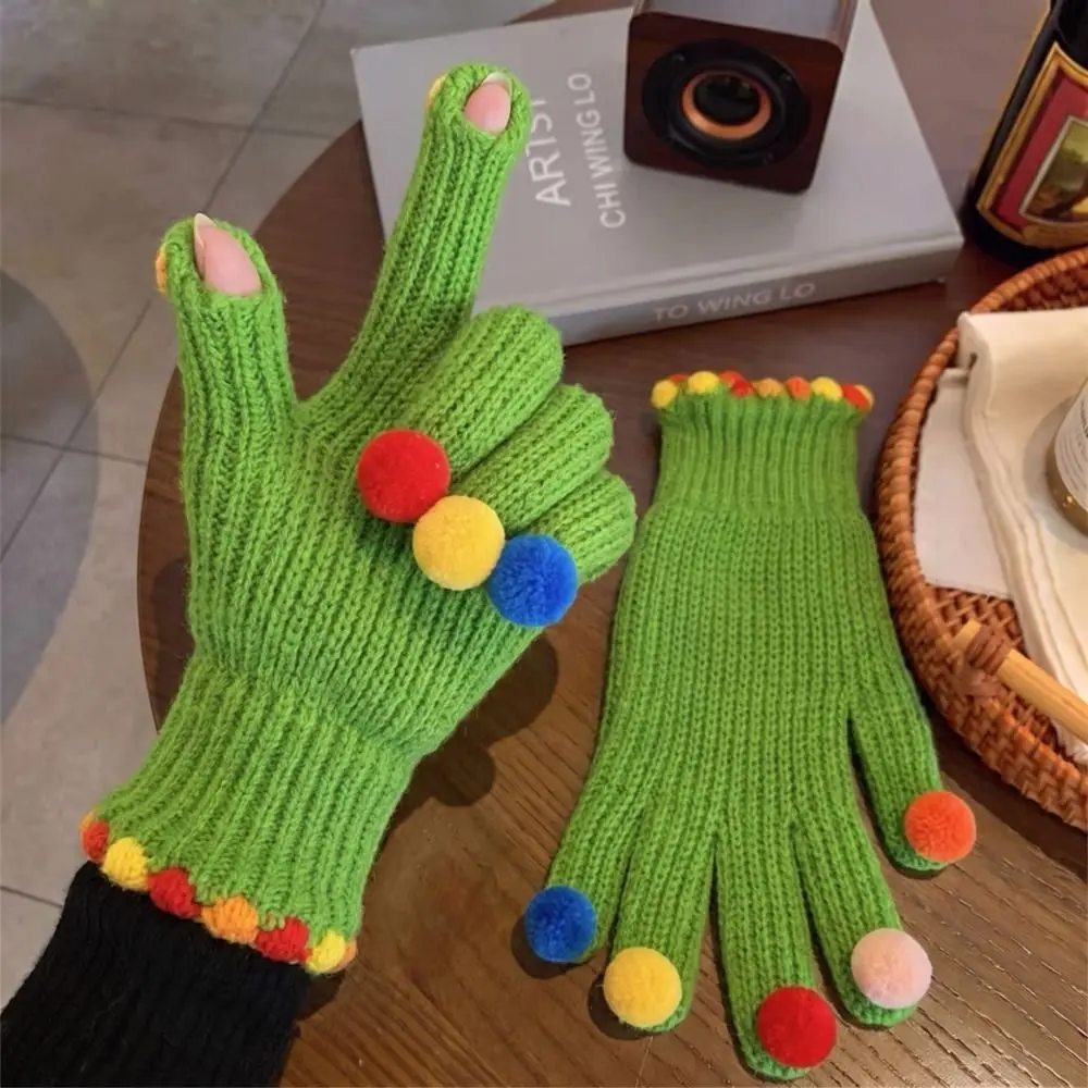 Warm Candy Pom Pom Knit Gloves Candy Color Hand Warmers Winter Cold Proof Knitted Gloves Thermal Cycling