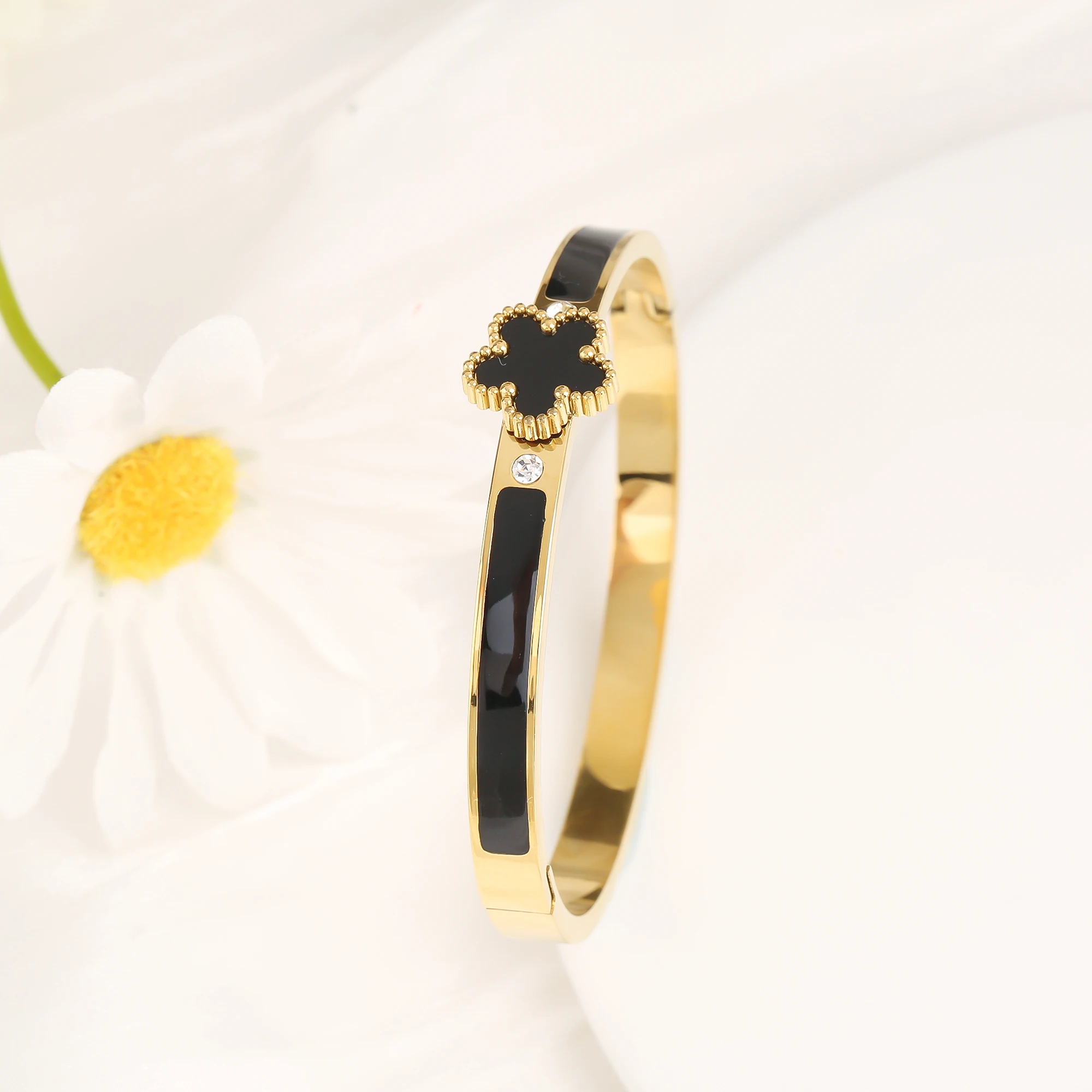 Luxury Five Leaf Flower Open Bangle, Classic Enamel Design