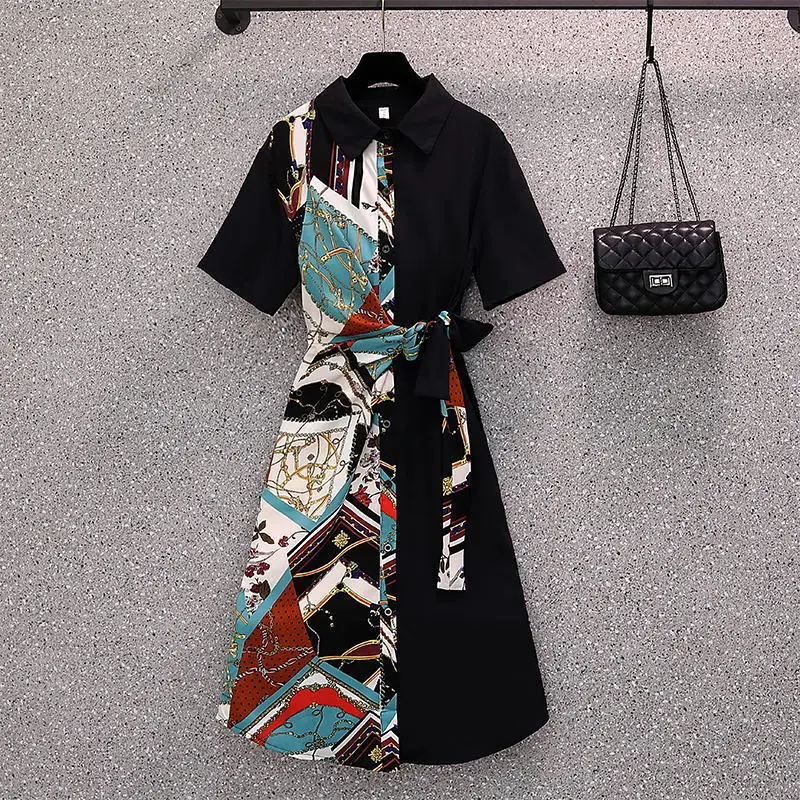 Asymmetrical Print Turn-down Collar Fashion Short Sleeve A-line Skirt Young Style Summer New Belt Empire Women\'s Clothing 2022