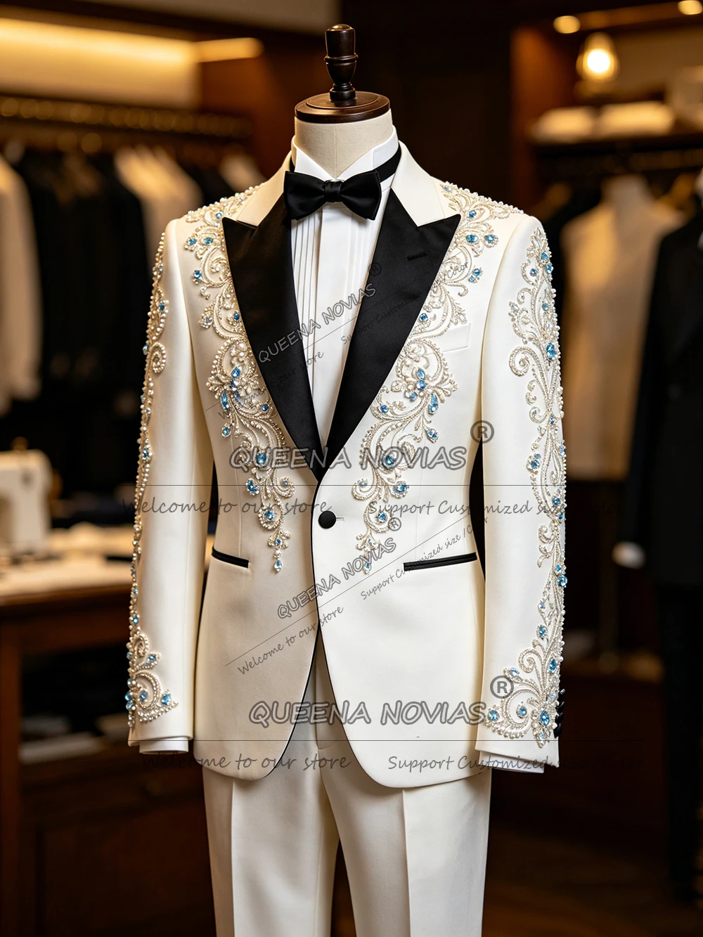 Luxury Crystals Beading Suit Men 2 Piece Sets Black Peaked Label Prom Blazer Pants Customized Groom Wedding Tuxedos Male Outfits