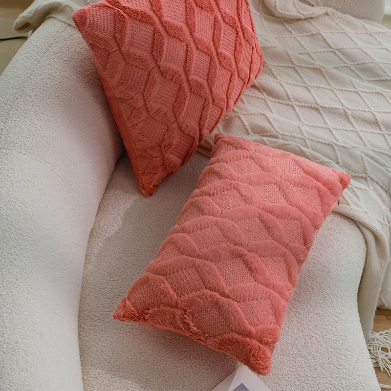 

CANIRICA Plush Coral Red Nordic Decorative 30x50cm 45x45cm Cushion Cover Pillow Cover for Living Room Sofa Diamond Pattern