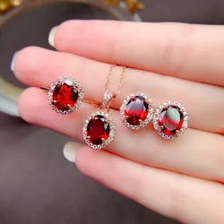 Ladies Sterling Silver 925 Jewelry Wholesale Natural Garnet Jewelry Set Free shipping Christmas Necklace Elegant set boutique
