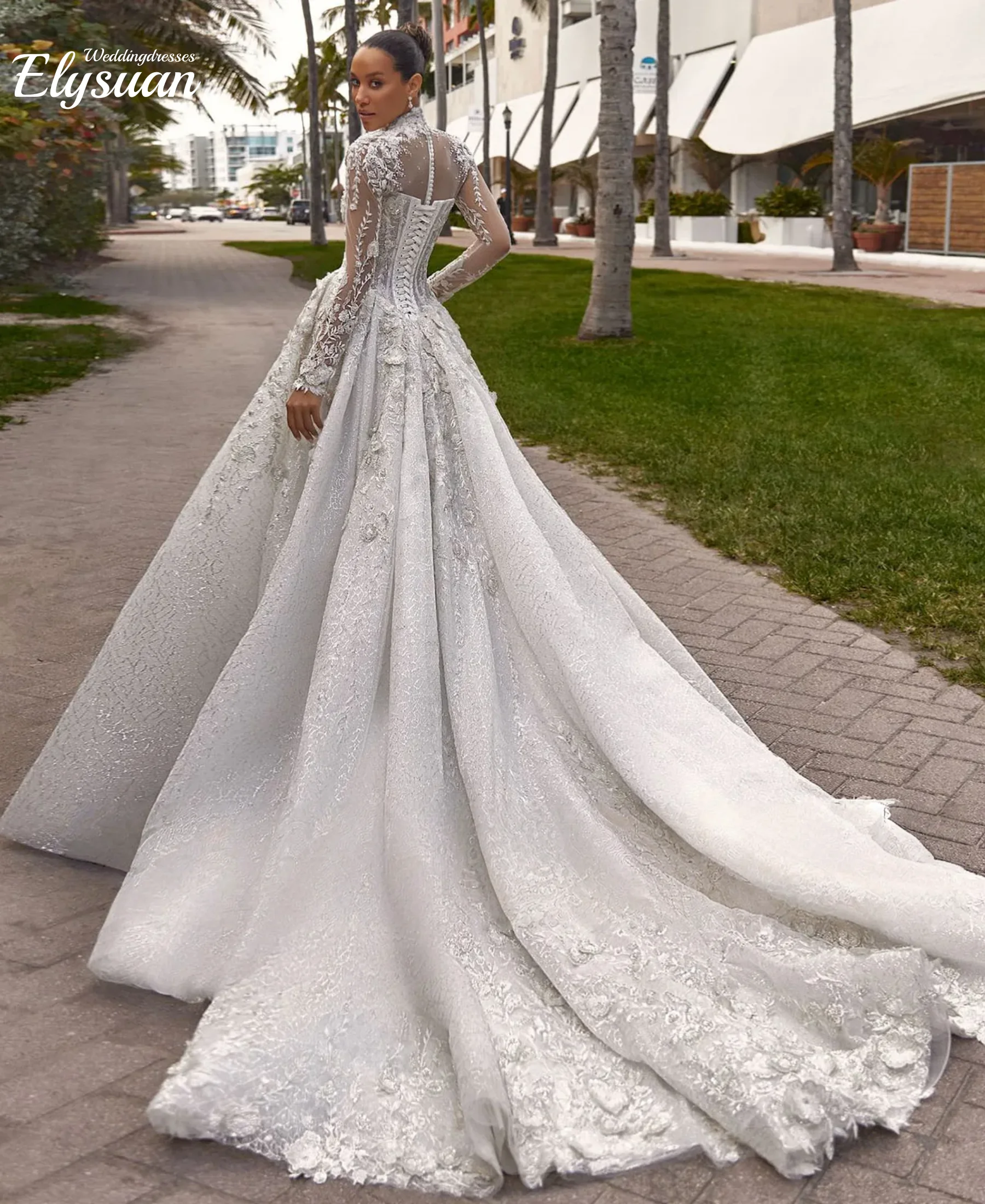 Customized High Neck Long Sleeve Beads Pearls Flowers Appliques Lace A-Line Bridal Wedding Dress Vestidos De Novia