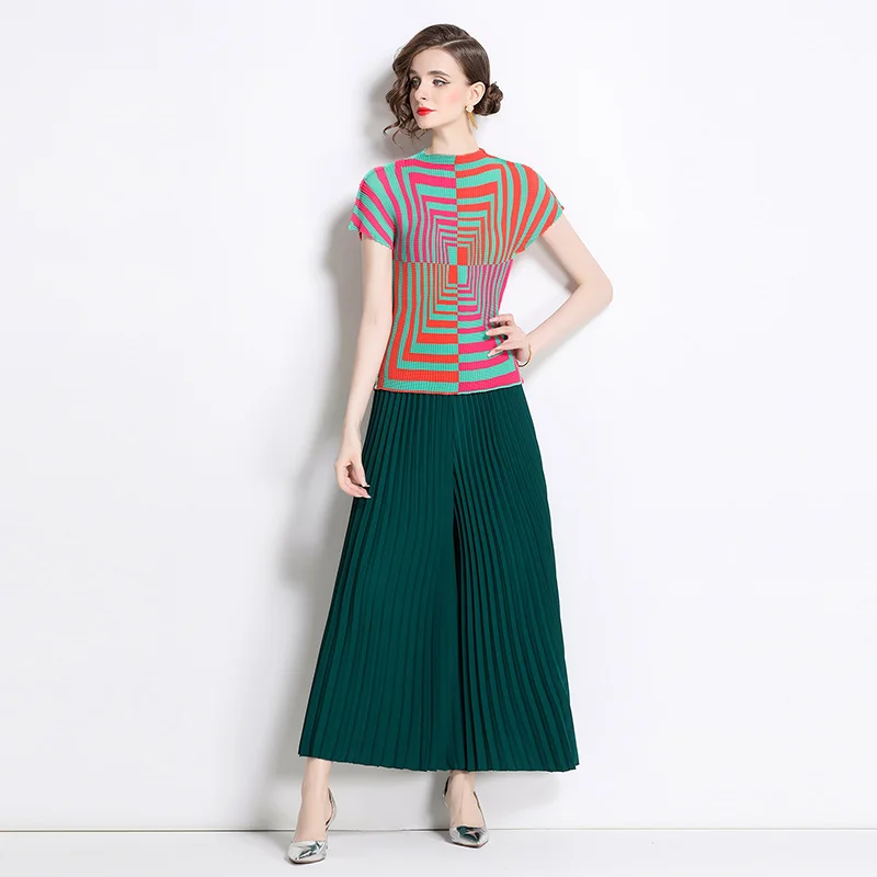 Miyake T-shirt New High-end Pleated Casual Printing Niche Loose Versatile Wide-leg Pants 2024 Summer Set Two Piece