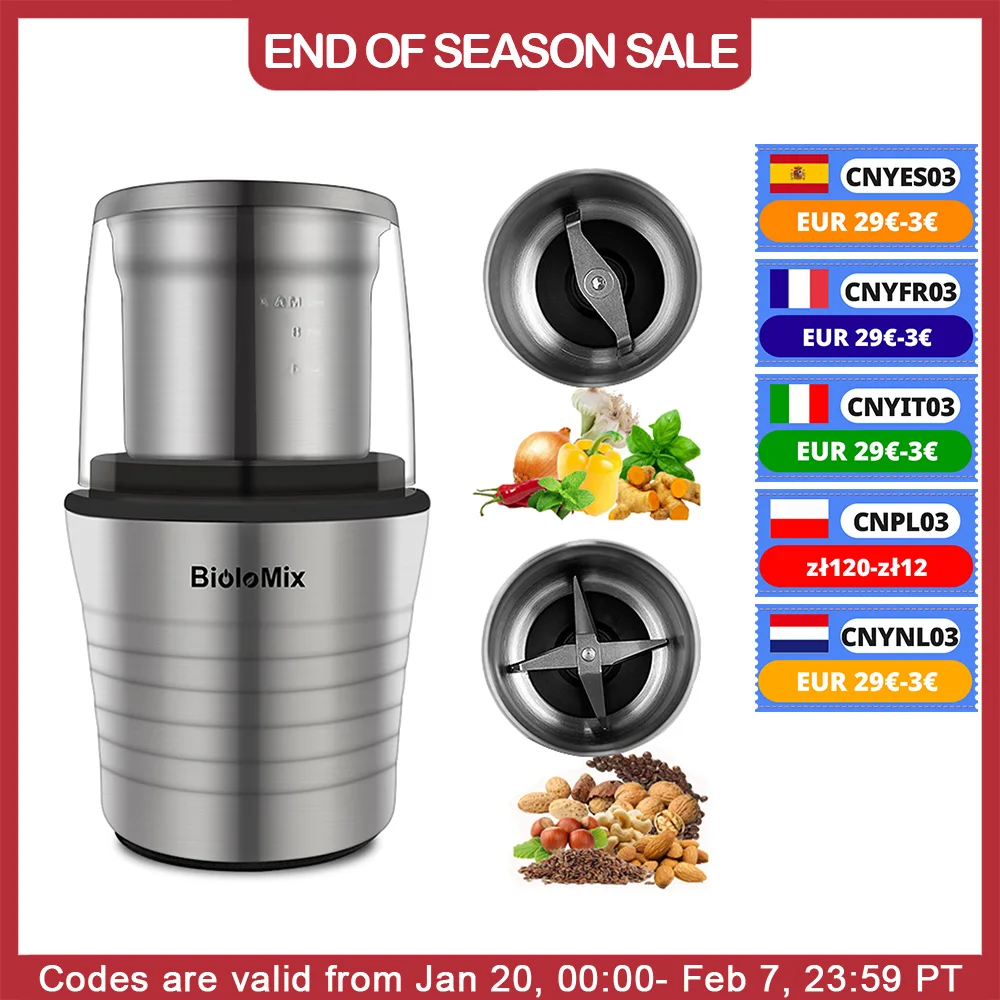 BioloMix 300W Electric Spices and Coffee Bean Grinder Wet and Dry 2-in-1 Double Cups Stainless Steel Body and Miller Blades