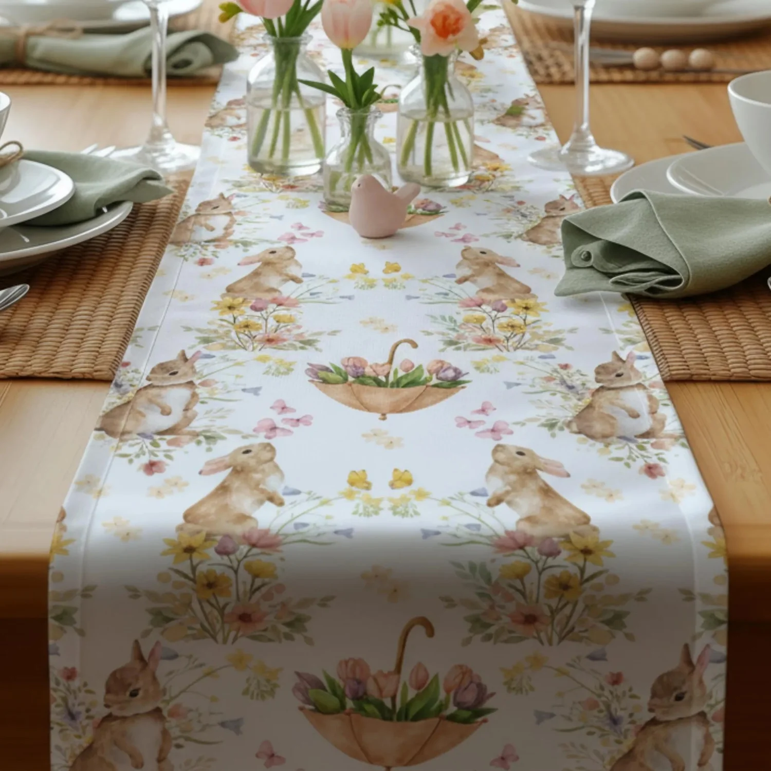 Ostern Tischläufer Bunny Floral, Frühlings-Cottage-Tischdekoration, Esszimmer-Mittelstück