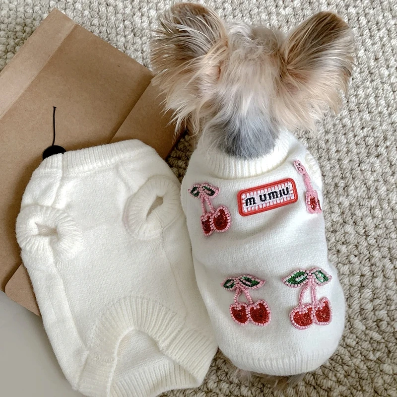 

Small Dog Teddy Sweater Pet Cute Cherry-Print Winter Warm Clothes Bichon Knit Pullover Maltese Fruit-Print Puppy Clothing