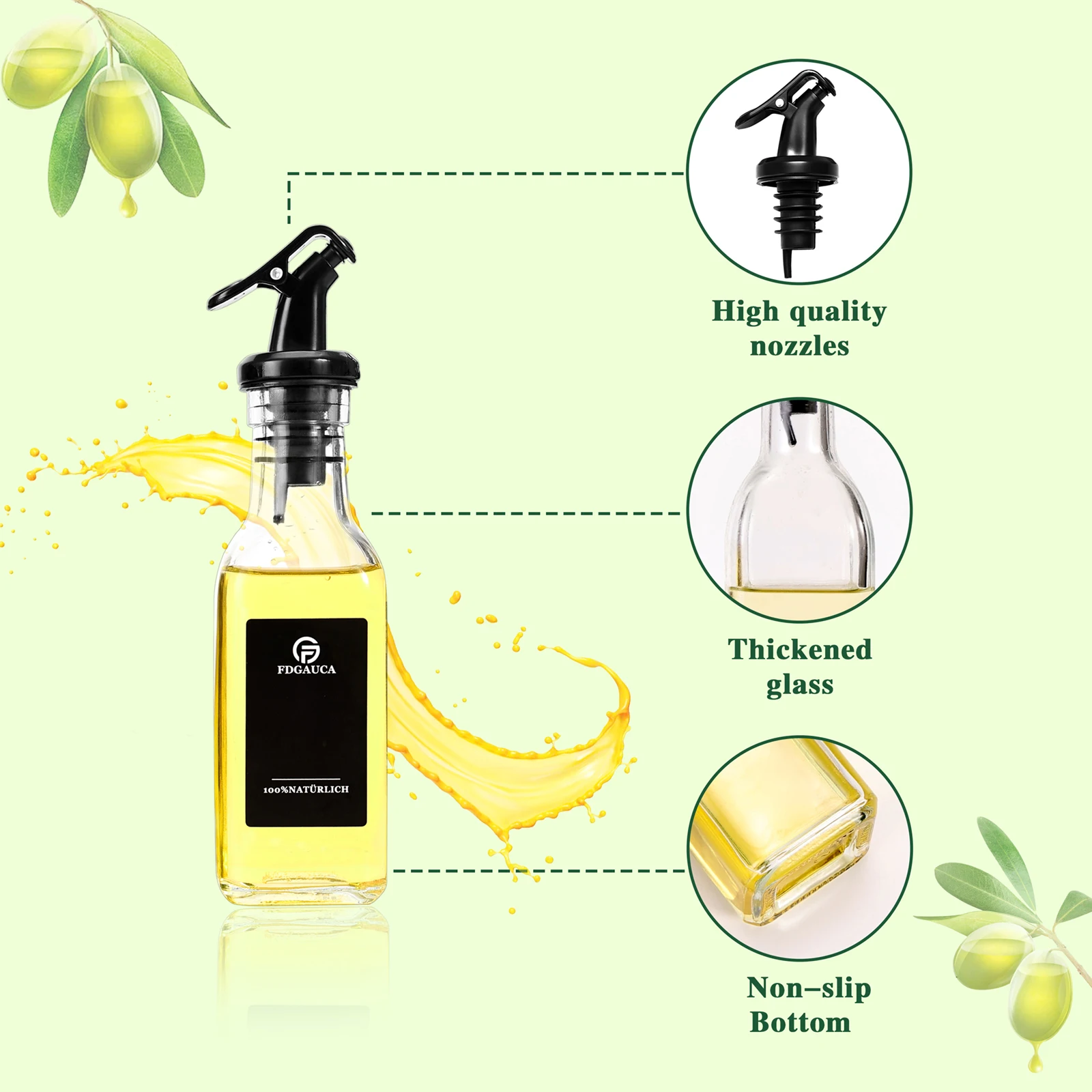160 ml Ölflasche aus Glas, auslaufsicher, für die Küche, Gewürze, Sojasauce, Essigflasche, transparente Olivenölflasche mit schwarzen Etiketten – Detail 3