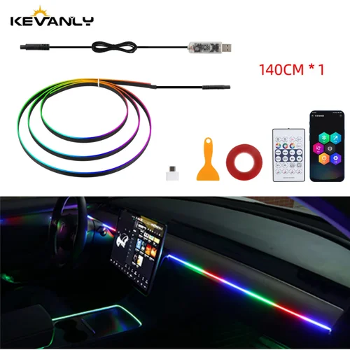Imagen 1 del producto KEVANLY-luces ambientales para coche, 140/55,1 pulgadas, 1 en 1, sinfonía LED Universal, lámpara de ambiente RGB, aplicación remota USB, control remoto para Tesla Model 3 Y S X