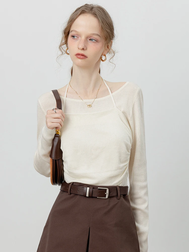 

EGGKA Multi-Color Long Sve Knitted Ne Hanging Slim Fit ort T-irt Women's Faion Casual Comfortable Breathable Top