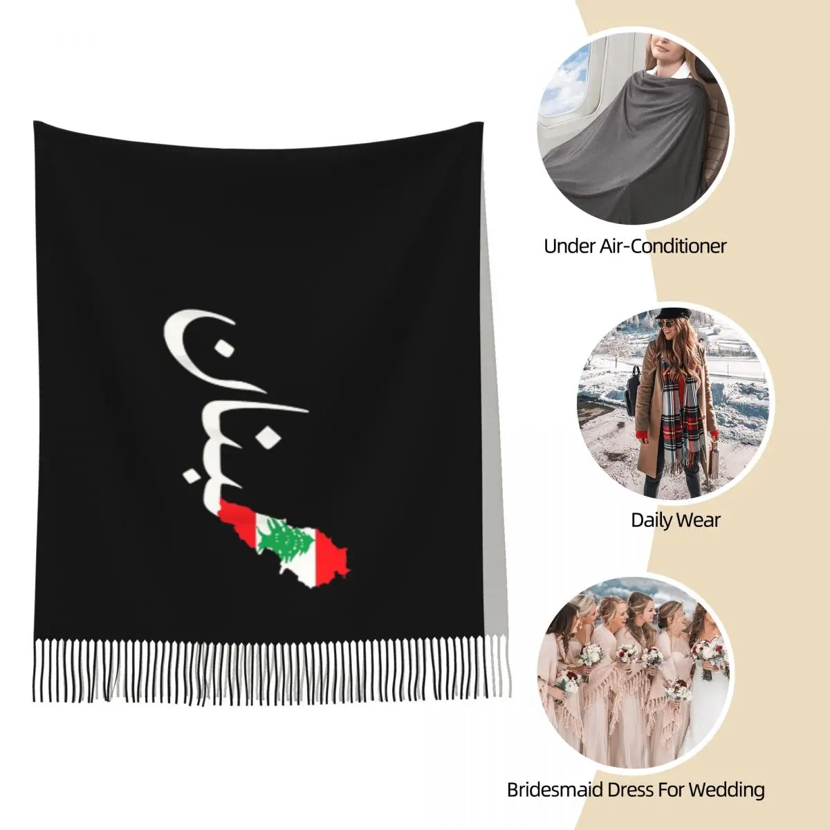 Lebanon Flag Arabic Beirut Lobnan Lover Scarf for Women Fall Winter Cashmere Shawls and Wrap Large Scarves with Tassel Ladies