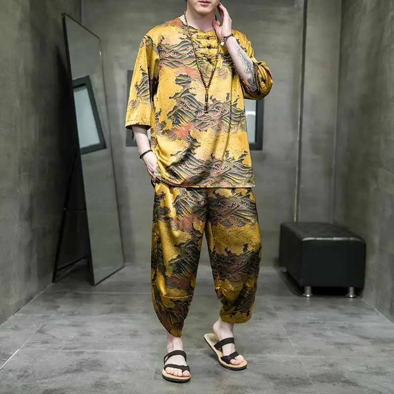 

Summer Thin Ice Silk Short-sleeved T-shirt Trousers Suit Men's Retro Loose Casual Large Size Button Tops Pants Set Male Clothes