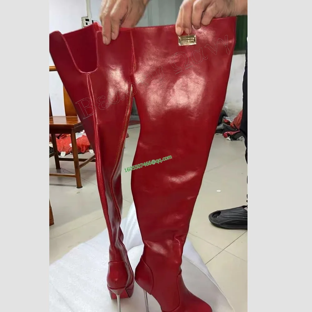 

Red Metal Heel Metal Decor Zipper Boots Pointed Toe Thigh High High Heel Shoes Solid Sexy Women Shoes New Zapatos Para Mujere