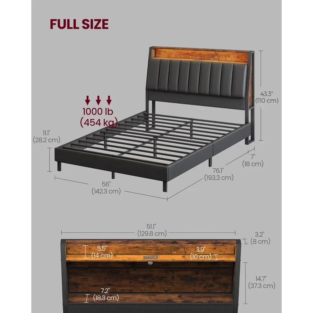 LED Bed Frame Full Size, Storage Headboard and Charging Station, 1 USB Port, 1 Type-C Port Full Bed Frame with 2 AC Outlets