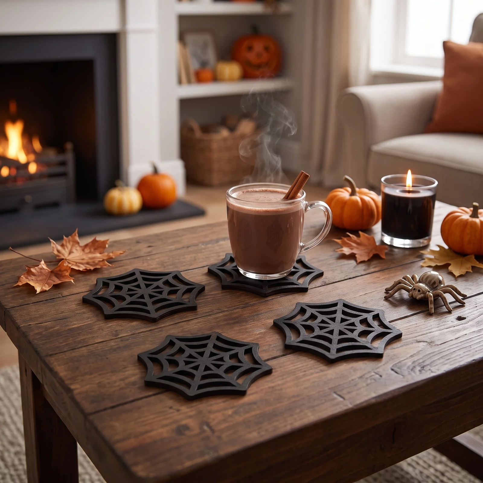 4pcs Halloween Spider Web Themed Coasters Wooden Placemat Set Heat-Resistan Anti-Scald Coffee Coasters Party Ambience Decoration