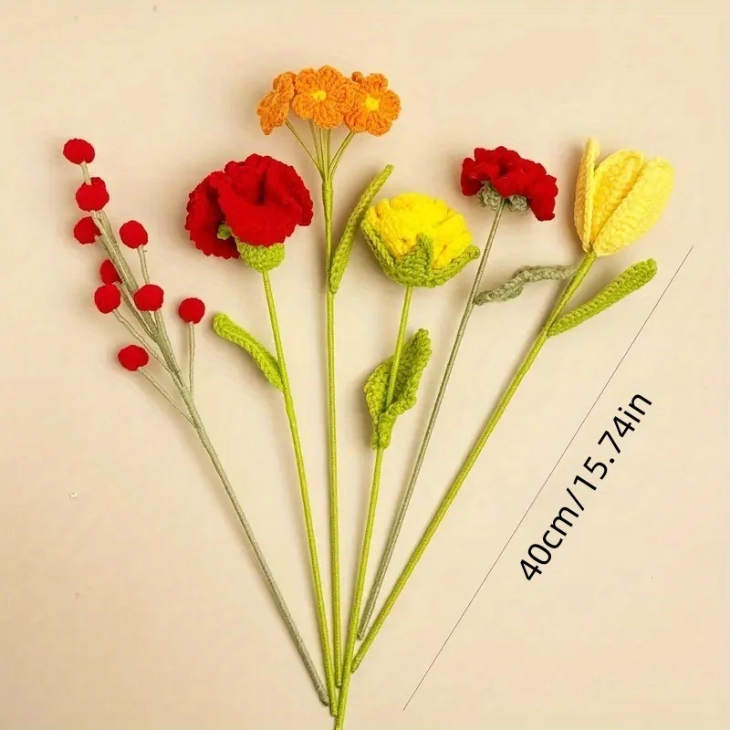 6 قطع من خيوط الكروشيه المختلطة المصنوعة يدويًا باقة الزهور الاصطناعية - زهور القرنفل باللون الأحمر الفاوانيا والهدايا لديكور المنزل #6