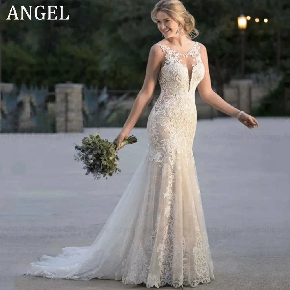 

ANGEL Luxury Mermaid Wedding Dress 2024 V-Neck With Train Sexy Backless Bride Gown Lace Applique Sleeveless Vestidos De Noiva