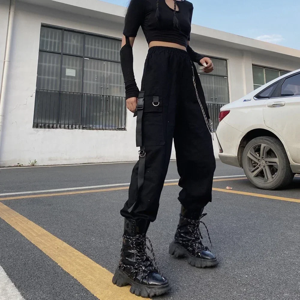 Women\'s Black High Waist Cargo Pants, Loose Harem Pants, Punk Big Pockets, Jogger Trousers with Chain, Hip Hop Streetwear,