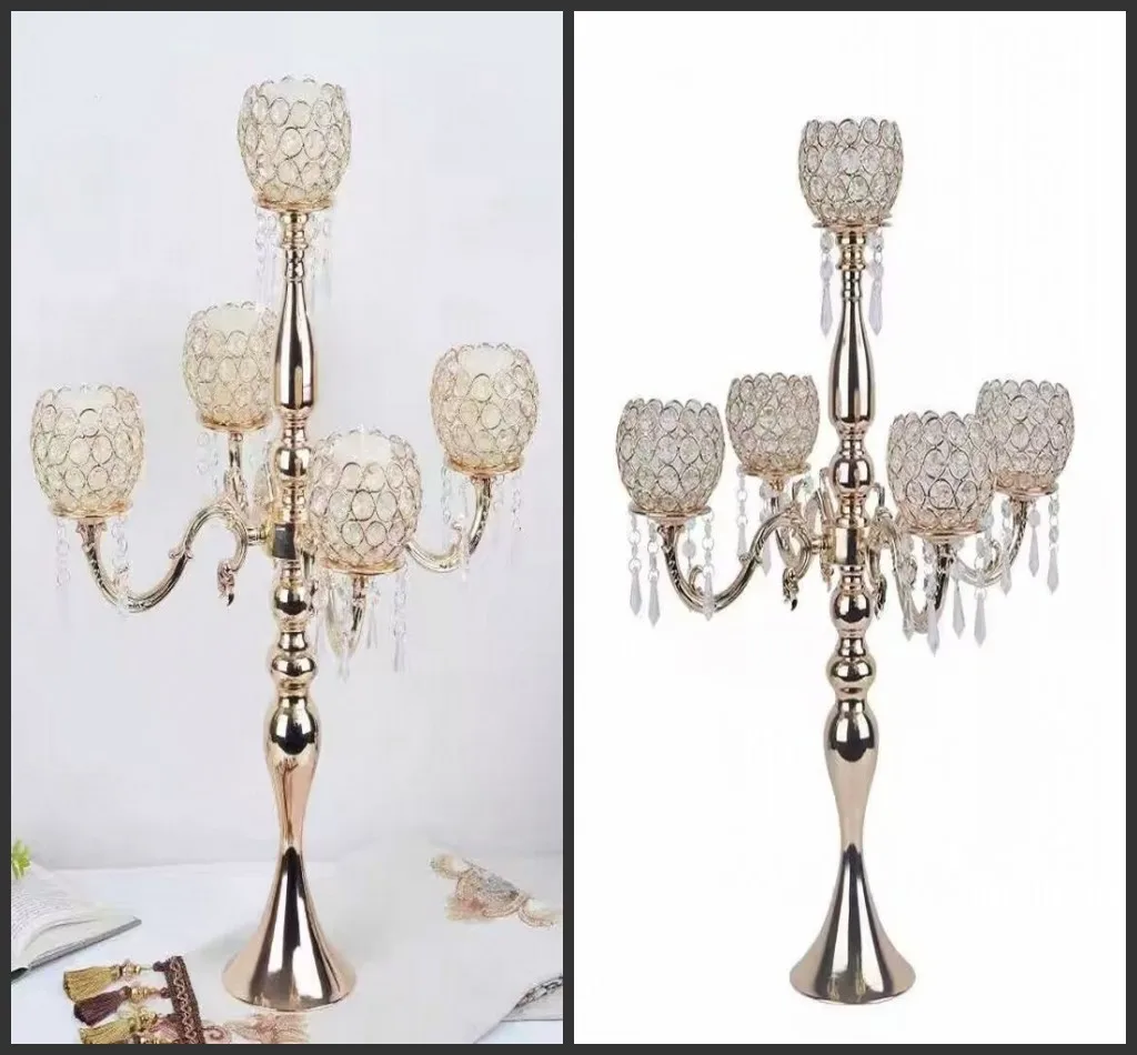 

75 cm height 5-arms metal Gold silver candelabras with crystal pendants wedding candle holder Event centerpiece free shipping