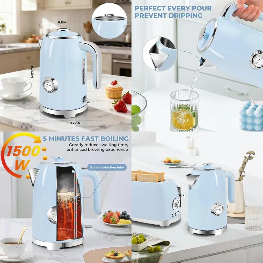 

1500W Stainless Steel Electric Kettle, 57oz Capacity, Thermometer, Fast Heating, Cordless, LED Indicator, Auto Shut-Off, Boil Dr