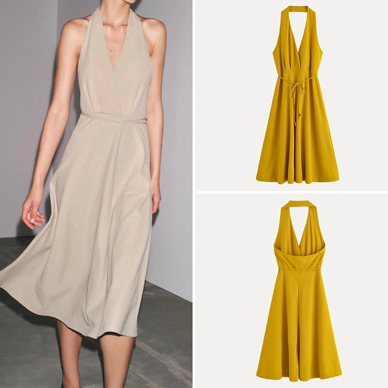 2025年夏 レディーススタイル ストラップレス ネックハンギングドレス ノースリーブ ポリエステル繊維00% シングルピース ヨーロッパスタイルドレス