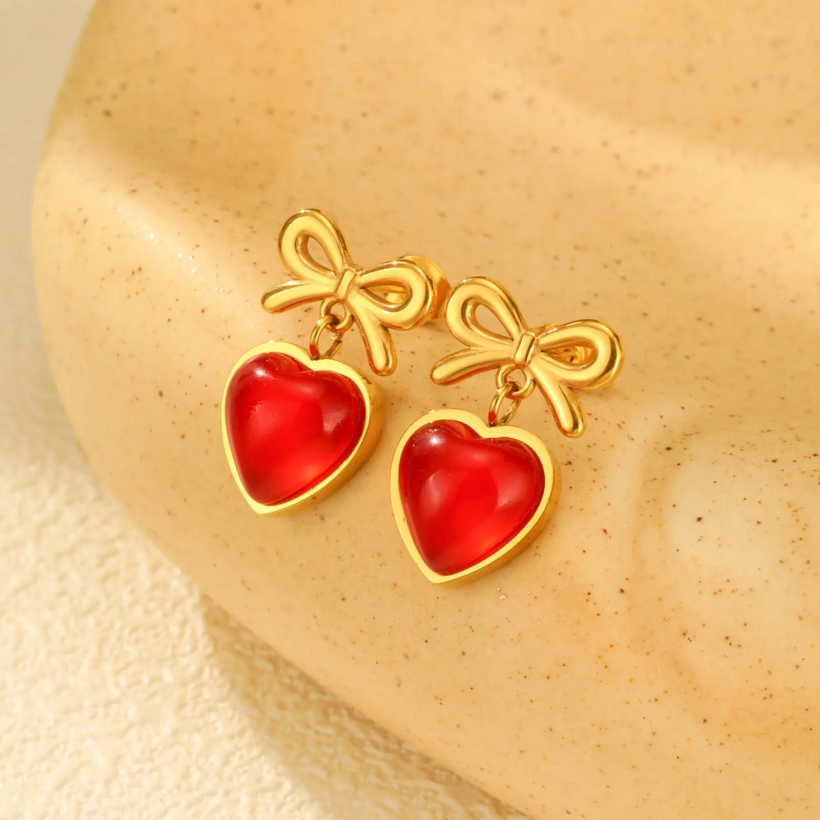 

Gold Plated Bowknot Red Heart Earrings Stainless Steel Dainty Drop Earrings for Women Girlfriend Fashion Luxury Jewelry Gift