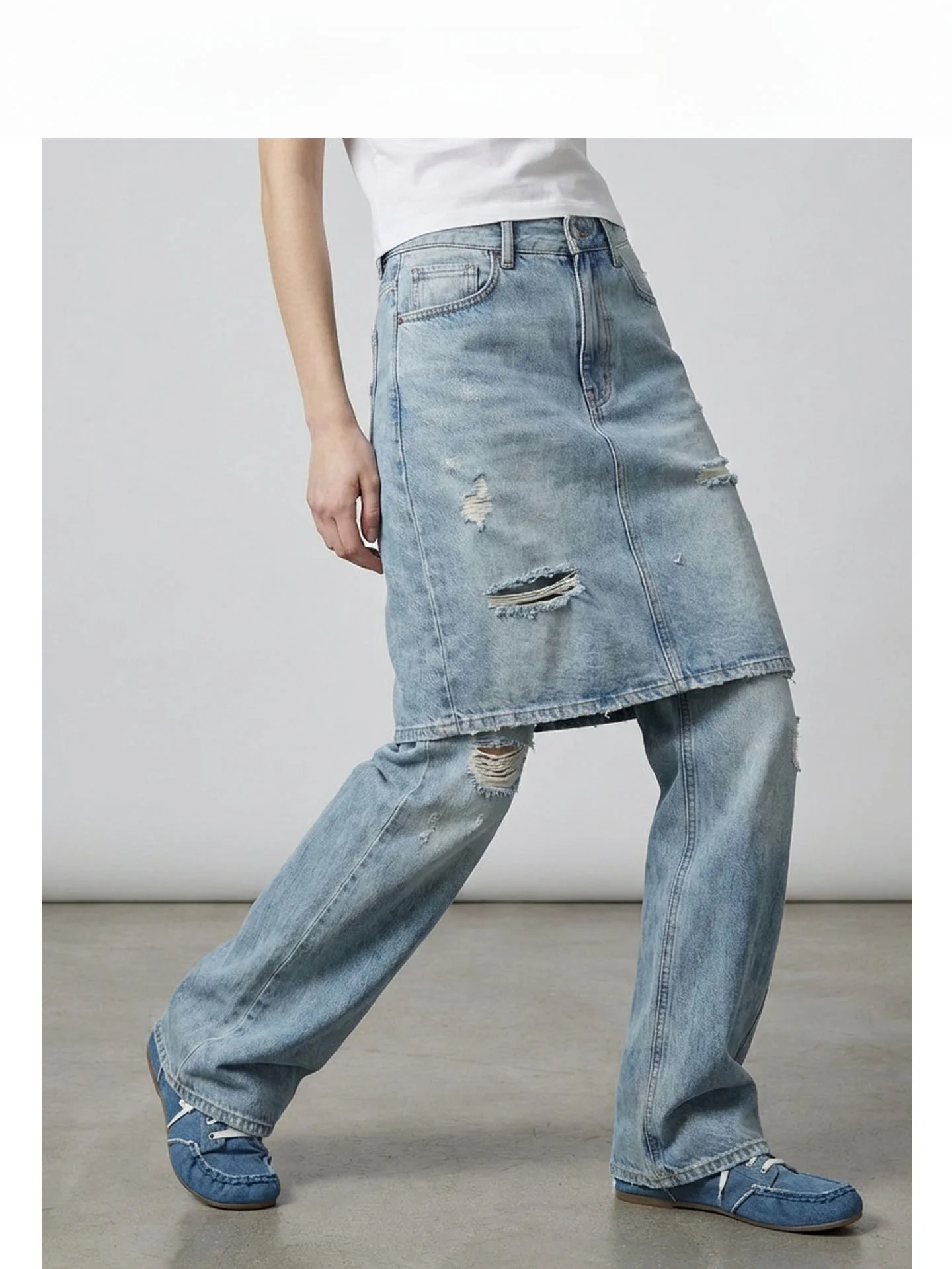

Retro American Washed Denim Skirt Pants Women's High Waist Slim Fit Straight Leg Floor-Length Pants Fake Two-Piece Hole Design