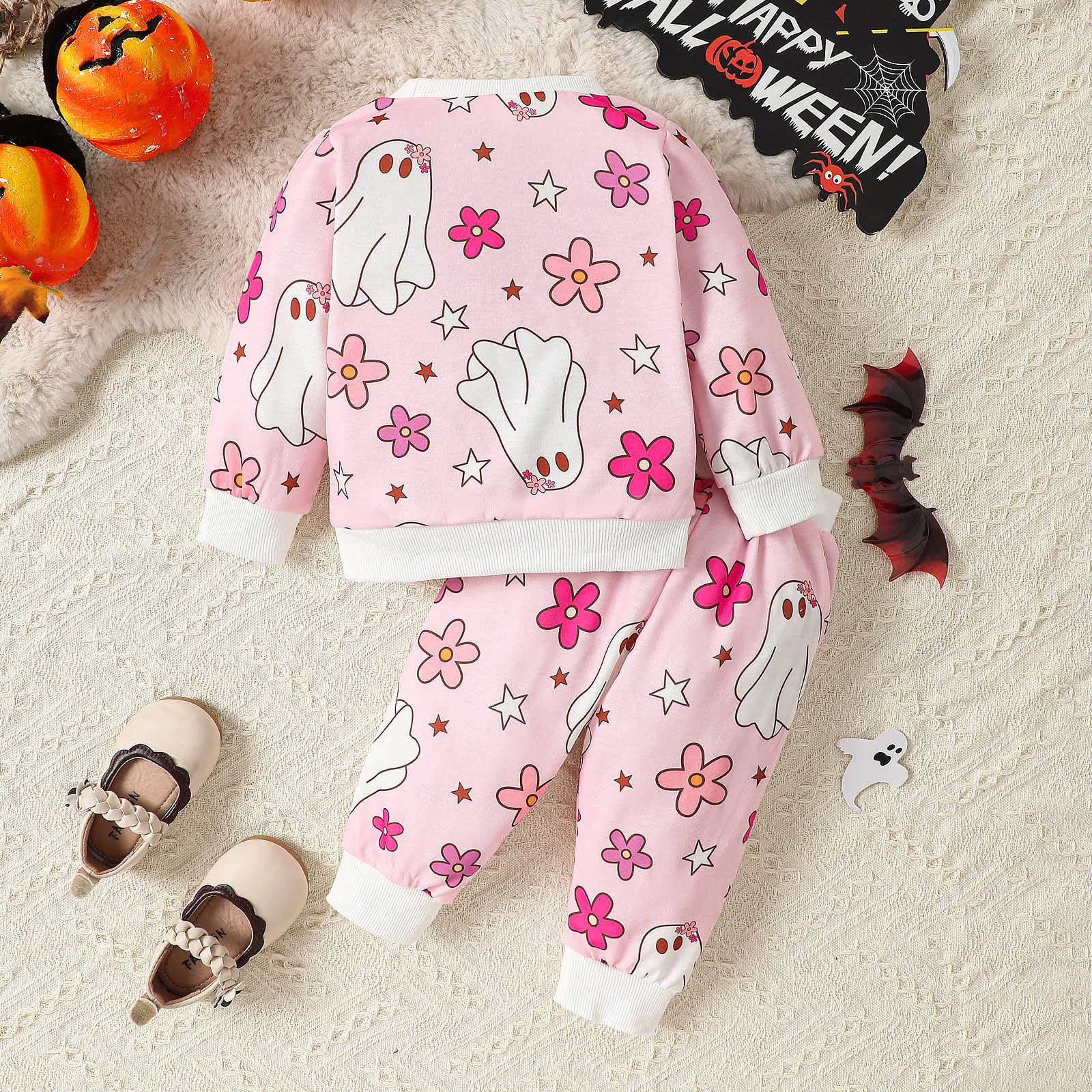 Baby Girls Outfit Two Pieces Clothes Sets Pumpkin Ghost Print Long Sleeve Crew Neck Sweatshirt Sweatpants Halloween Clothes 0-5Y