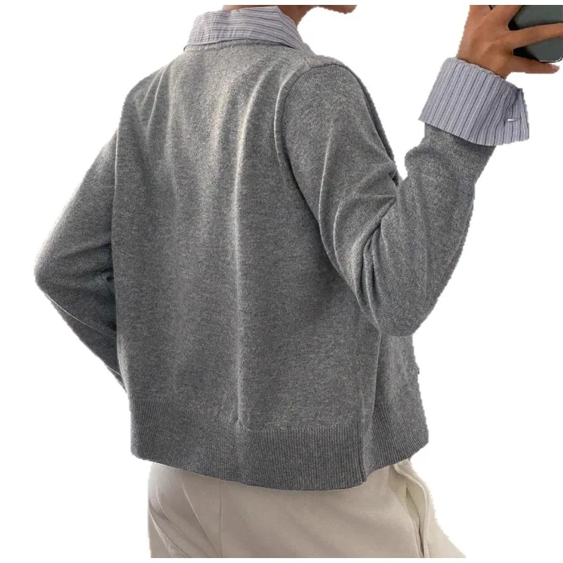 2025 Women's Gray Polo Collar Fake Two-piece Knitted Cardigan Autumn Design Top